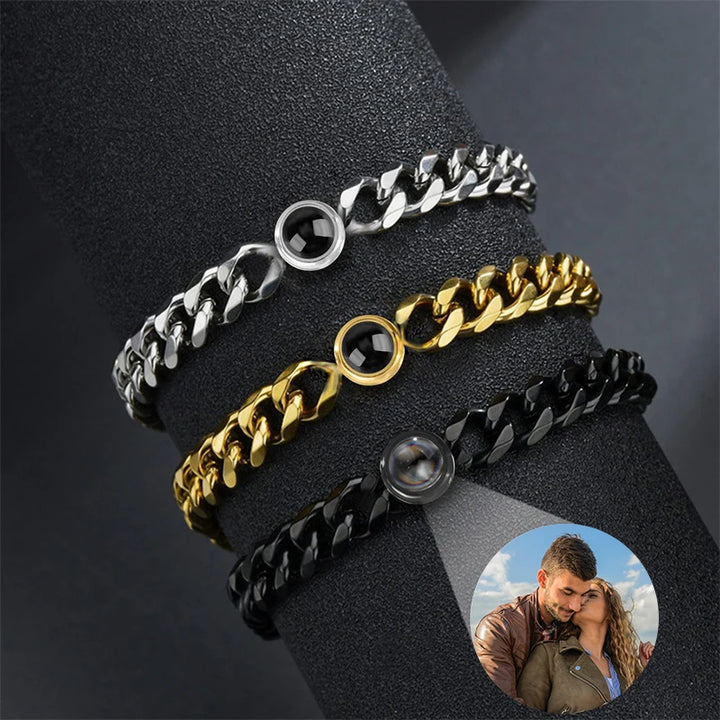 Bracelet personnalisé avec photo à l'intérieur Bracelet à maillons cubains en acier titane avec projection de photo personnalisée pour hommes et femmes