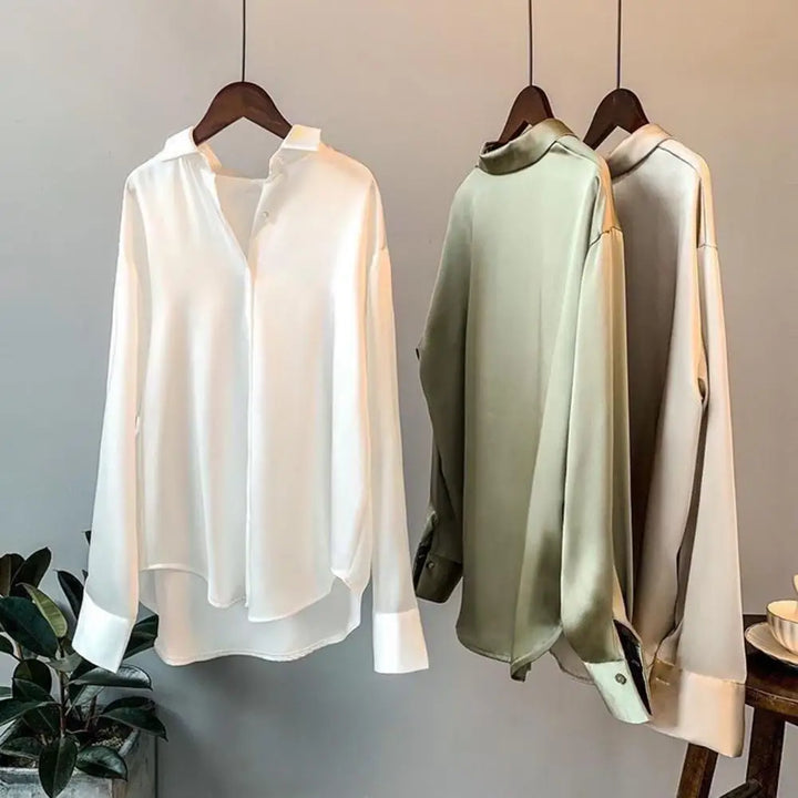 Women Shirt Silky Satin Turn-down Collar Single-breasted Loose Blouse Soft Long Sleeve Formal Business OL Commute Top