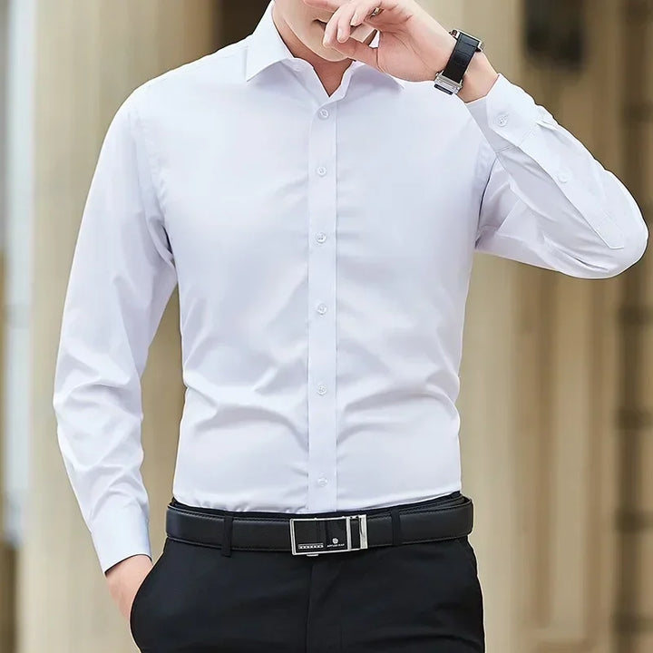 Chemise d'affaires à manches longues pour hommes, couleur unie, mode classique, basique, décontractée, slim, blanche