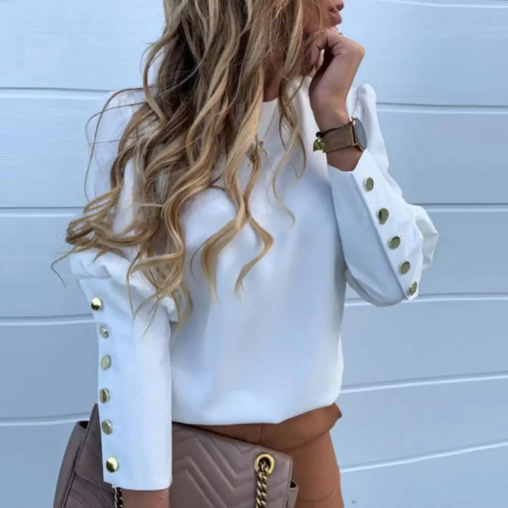 Women Blouse Elegant Office Lady Top Metal Button Back Long Sleeve Puff Shoulder Shirt Top Women's Clothing