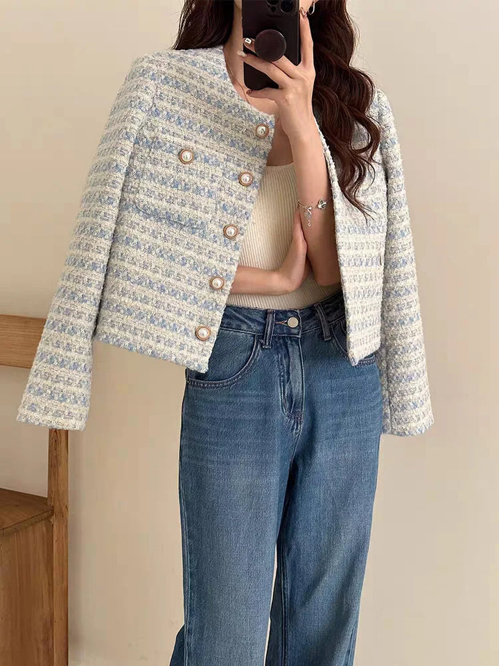 Elegant Tweed Cardigan Short Coat With Pocket Single Breasted Jacket For Women Loose Outwear