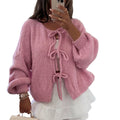 Women s Fall Tie Front Sweater Solid Color V-Neck Long Sleeve Loose Knitwear Cardigan