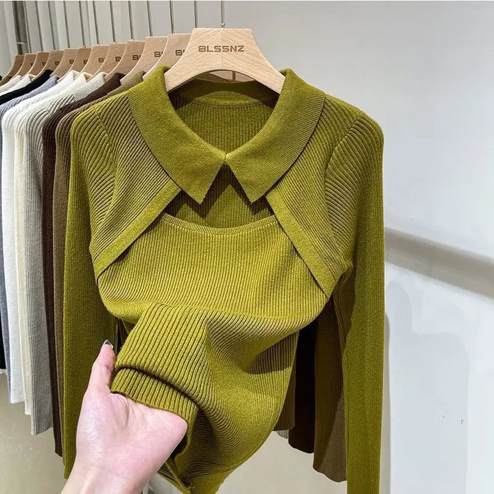 Women Clothing Fashion Polo Collar Hollow Out Knit Pullover Elegant Solid Patchwork Sweater