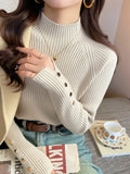 Sweater Women  Pullovers Long Sleeve Tops Clothes Slim Knit Soft Jumper Streetwear Button Turtleneck Sweater