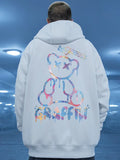 High Street Graffiti Bear Print Men's Fleece Hoodie Retro Casual Pullover Hooded Sweatshirts Hip Hop Hoodies Clothes