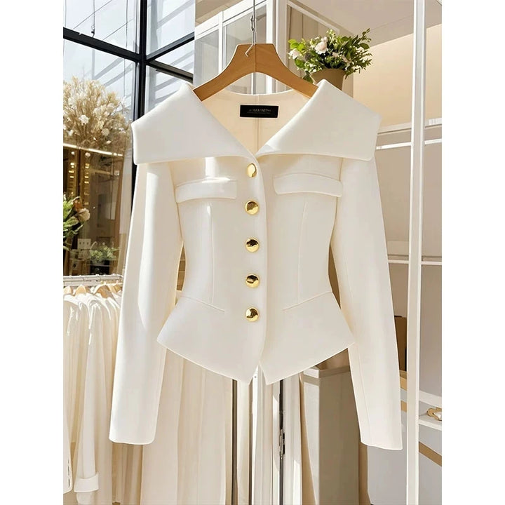 Manteau blanc pour femme, taille à manches longues, slim, chic, court, vêtements d'extérieur, haut de gamme, couleur unie, vêtements de bureau, vestes pour dames