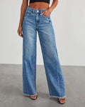 Women's Clothing Loose Wide-Leg Side Seam Stitching Frayed Hem Jeans Denim Pants High Waist Full Length