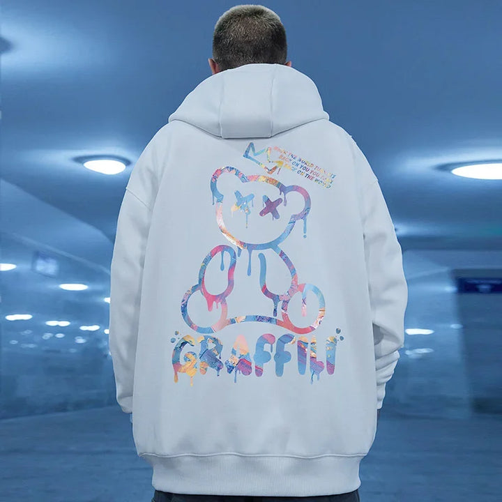 High Street Graffiti Bear Print Men's Fleece Hoodie Retro Casual Pullover Hooded Sweatshirts Hip Hop Hoodies Clothes