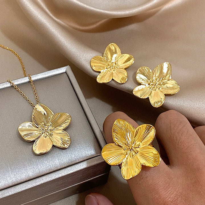 Stainless Steel Gold Plated Flower Earrings Ring Necklace for Women