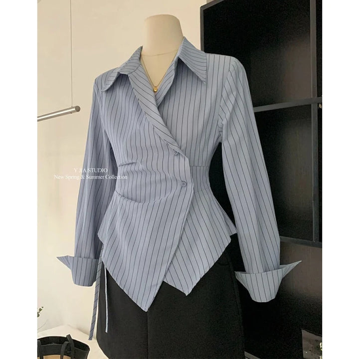 Women Fashion Retro Striped Print Ruched Irregular Design Shirts Office Lady Elegant Lace Up Blouse Casual Long Sleeve Slim Tops