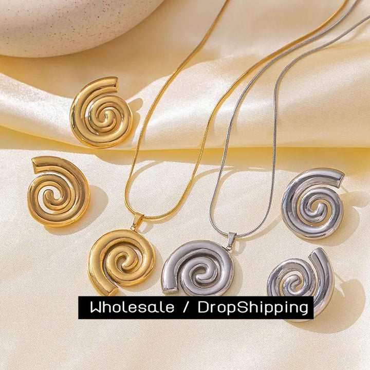 18k Gold Plated Women Jewelry Necklaces Stainless Steel Spiral Stud Earrings Pendant Necklace