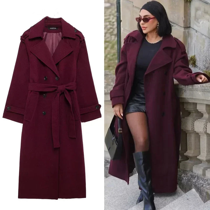 Long Coat With Belt Double Breasted Dark Red