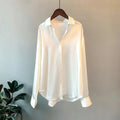 Women Shirt Silky Satin Turn-down Collar Single-breasted Loose Blouse Soft Long Sleeve Formal Business OL Commute Top