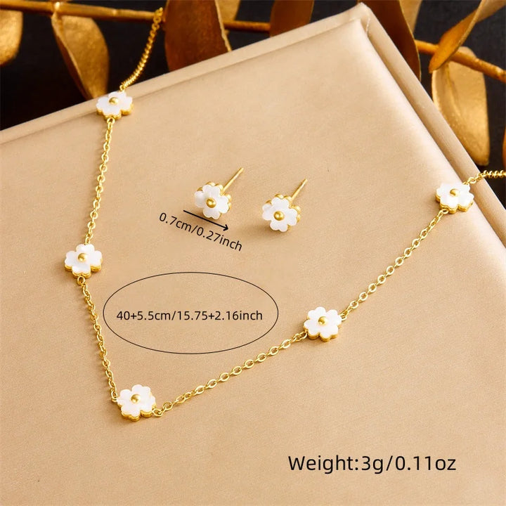 Stainless Steel Pearl Butterfly Flower Golden Necklace Earrings For Womens Set