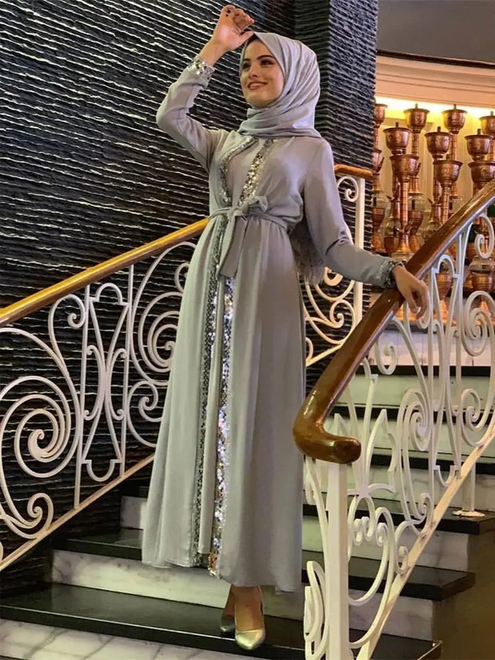 Ramadan Gray Sequin Kimono Abaya