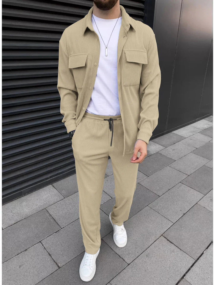 Men's simple new front double pocket long sleeve two-piece casual sports solid color striped fashion comfortab