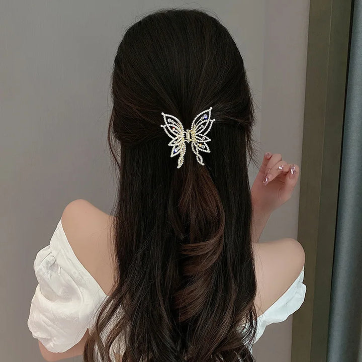 Butterfly Style Rhinestone Pearl Decor Barrettes For Hair