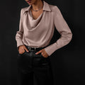 Women Shirt Silky Satin Turn-down Collar Single-breasted Loose Blouse Soft Long Sleeve Formal Business OL Commute Top