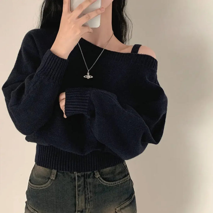 Chic Off-The-Shoulder Tankbatwing Sleeve Knitted Top Sweater Polo Collar Sleeveless Knitted Pullover