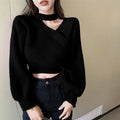 Women's Neck Hanging Solid Sweater Warm Pullover Sweater V-neck Cross Neck Off Shoulder Knitwear Tops