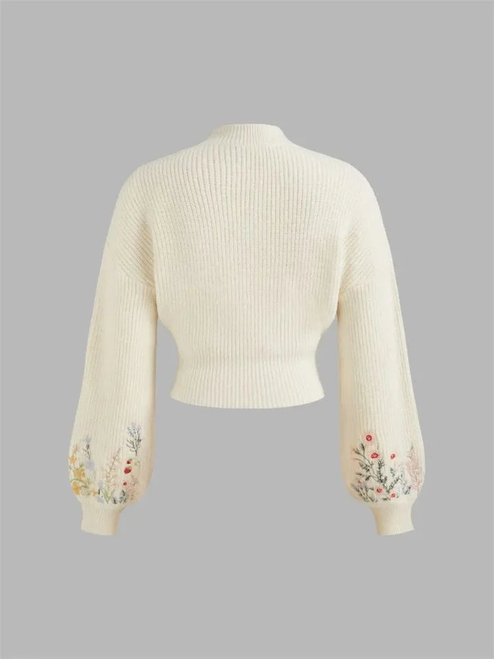 Casual Floral Embroidery Lantern Long Sleeve Sweater for Women  Elegant Mock Neck Cropped Knit Sweater Pullover Top