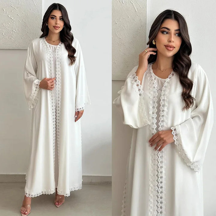 White Lace Open Abaya for Women Muslim Evening Maxi Dress