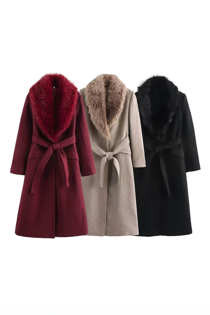 Women's Faux Fur Effect Lapels Blend Coat Jacket