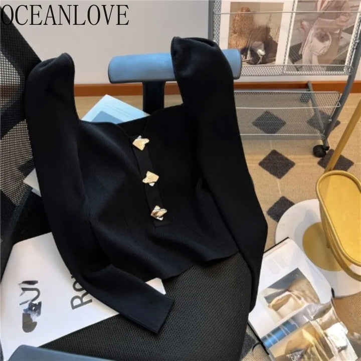 OCEANLOVE Pulls à col carré pour femmes, hauts noirs solides à manches bouffantes, pulls courts, mode coréenne, automne hiver, rétro, pull femme