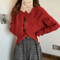 Fashion Cross Knitted Sweater Women Solid V Neck Long Sleeve Pullovers Crop Tops Streetwear Elegant Jumper