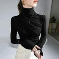 Pleated Stretch T-shirt  Turtleneck Bottoming Pullover Women's Casual Elegant Basic Top Shirts