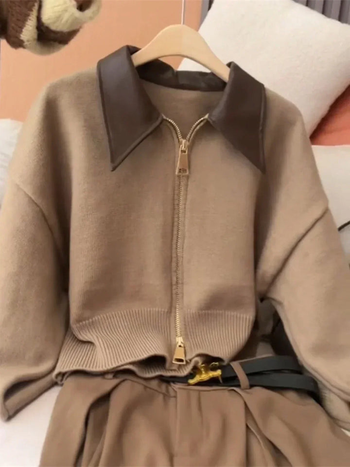 Pull à capuche vintage marron Y2K pour femme, veste zippée à manches lanternes, sweat à capuche tricoté, cardigan court