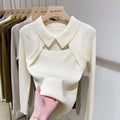 Women Clothing Fashion Polo Collar Hollow Out Knit Pullover Elegant Solid Patchwork Sweater