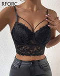 Women Solid Sleeveless Spaghetti Straps Lace Patchwork Black Crop Tops