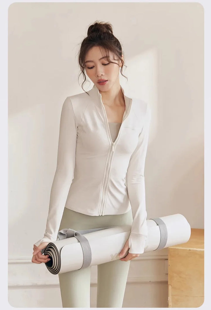 Women Zip Fitness Clothes Long Sleeve Sports Jacket with Pockets Yoga Shirt Quick Dry Gym Top Sunscreen Sportswear Running Coats