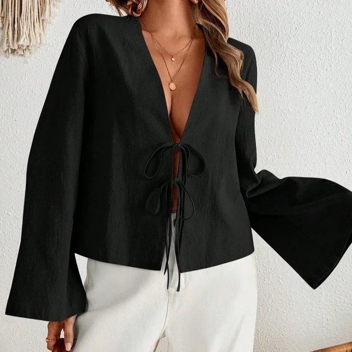 Tie Front Tops For Women Deep V Neck Elegant Long Sleeve Solid Blouse Tie Front Top Femlae Stylish Spring Fall Clothing