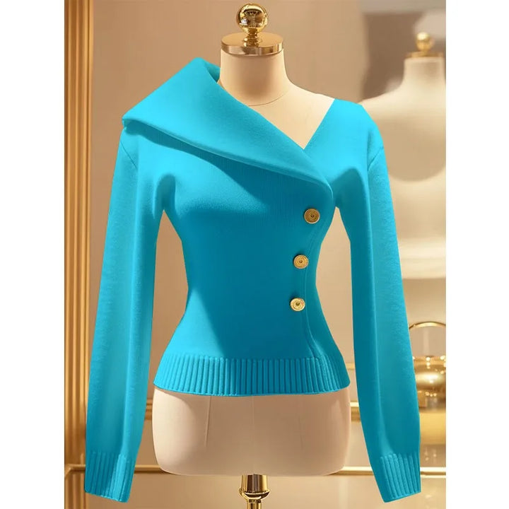 Temperament Elegant Niche Slim Fit Solid Color Knitted Women's Asymmetrical Lapel Sweater Pullover