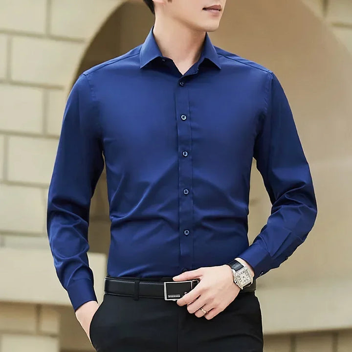 Men Solid Color Business Shirt Long Sleeve Shirt Fashion Classic Basic Casual Slim White