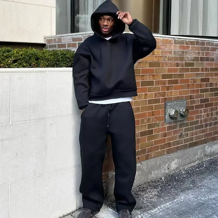 American street For Men Two Piece Fashion Solid Color Fleece Oversized Sweatshirt Suit Hip Hop Slacks Jogging Pants