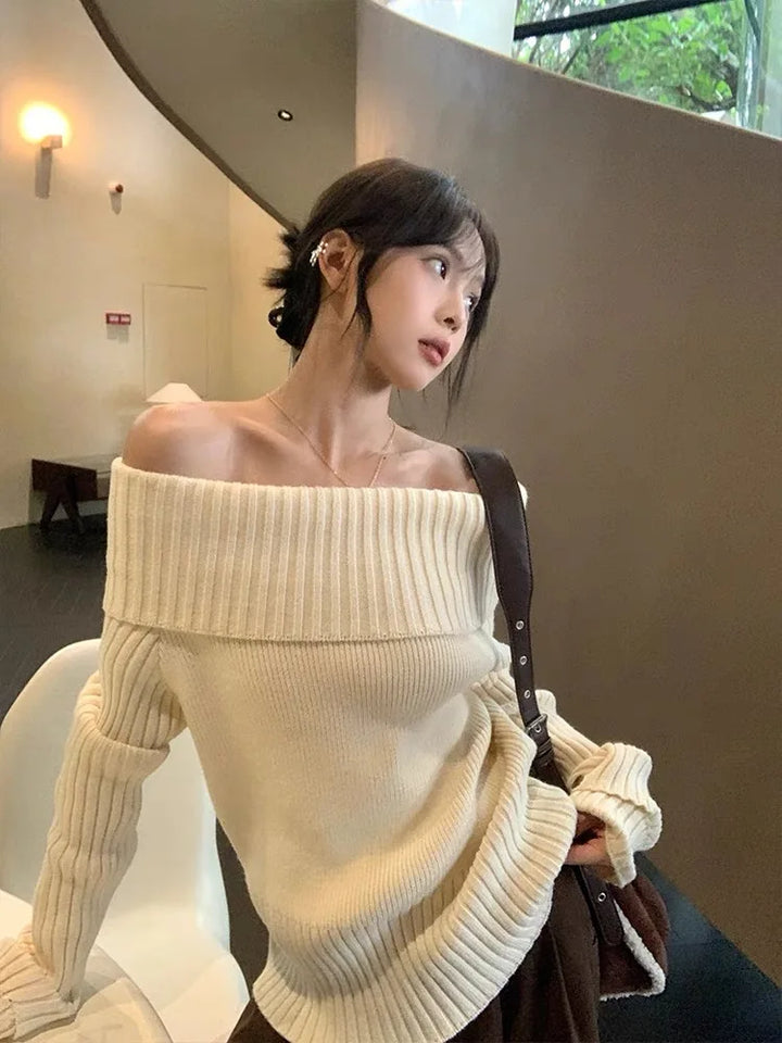 Vintage Off Shoulder Sweater Women Solid Elegant Knitwear Long Sleeve Jumper Slash Neck Causal Harajuku Pullovers