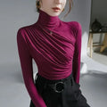 Pleated Stretch T-shirt  Turtleneck Bottoming Pullover Women's Casual Elegant Basic Top Shirts