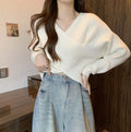 Fashion Cross Knitted Sweater Women Solid V Neck Long Sleeve Pullovers Crop Tops Streetwear Elegant Jumper