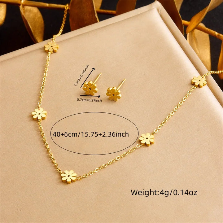 Stainless Steel Pearl Butterfly Flower Golden Necklace Earrings For Womens Set