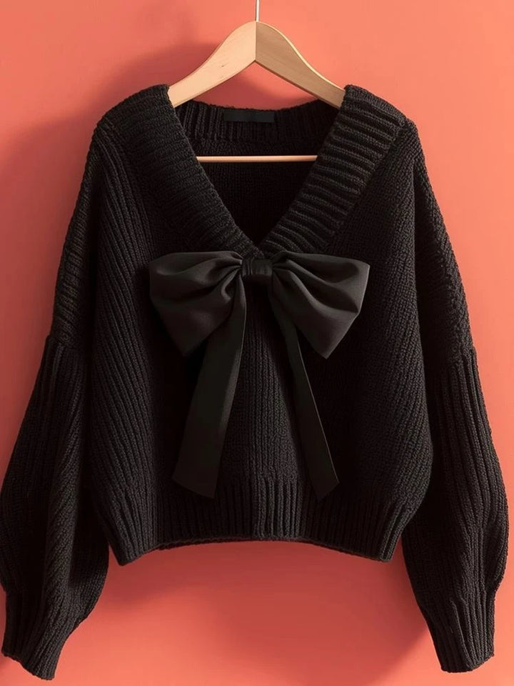 Jmprs Cute Bow Black Sweaters Women Lazy Wind Vintage Knitted Pullovers Korean Loose Long Sleeve Female Preppy Style Sweet Tops