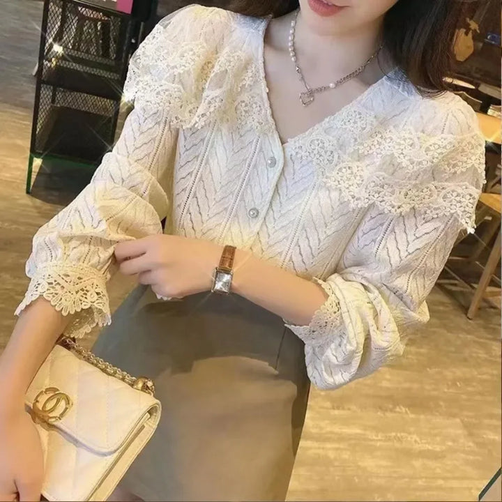 French style retro style Women Chiffon Button Shirt Chic Elegant Floral Lace Fluffy Long Sleeve Top Hollow Blouse