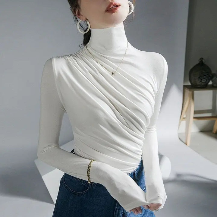 Pleated Stretch T-shirt  Turtleneck Bottoming Pullover Women's Casual Elegant Basic Top Shirts