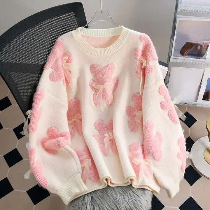 Pink Bow Bear Women Sweaters Fashion Sweet Pull Femme Kawaii Loose Warm Retro Pullovers