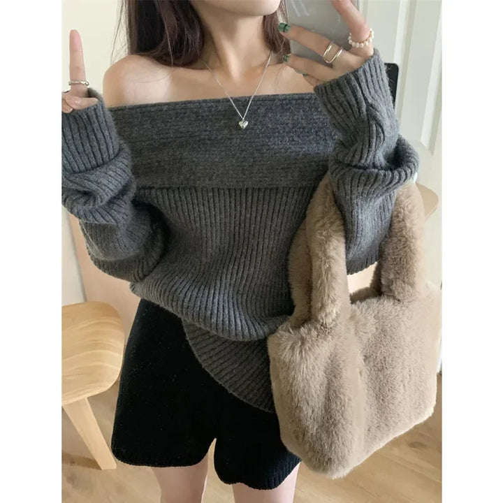 Sexywhite Elegant Off-The-Shoulder Knitted Sweater Base Layer Top For Women Slimming Inner Wear Outer Wear Chinese Landscape Pat