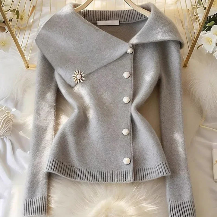 Chic Button Soft Wool Sweaters Women's Clothing Elegant Turn-down Collar Thick Knitted Cardigan