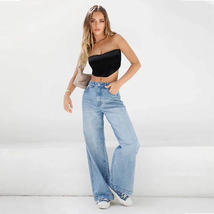 Women Jeans Wide Leg Pants Denim Pockets Streetwear Loose High Waist Full Length Washing Zipper Fly Flat Solid