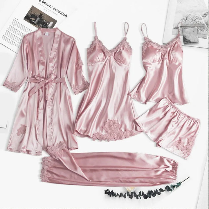 5pcs/Set Silk Robe Sleep Suit Women Home Nightwear Summer Nightdress